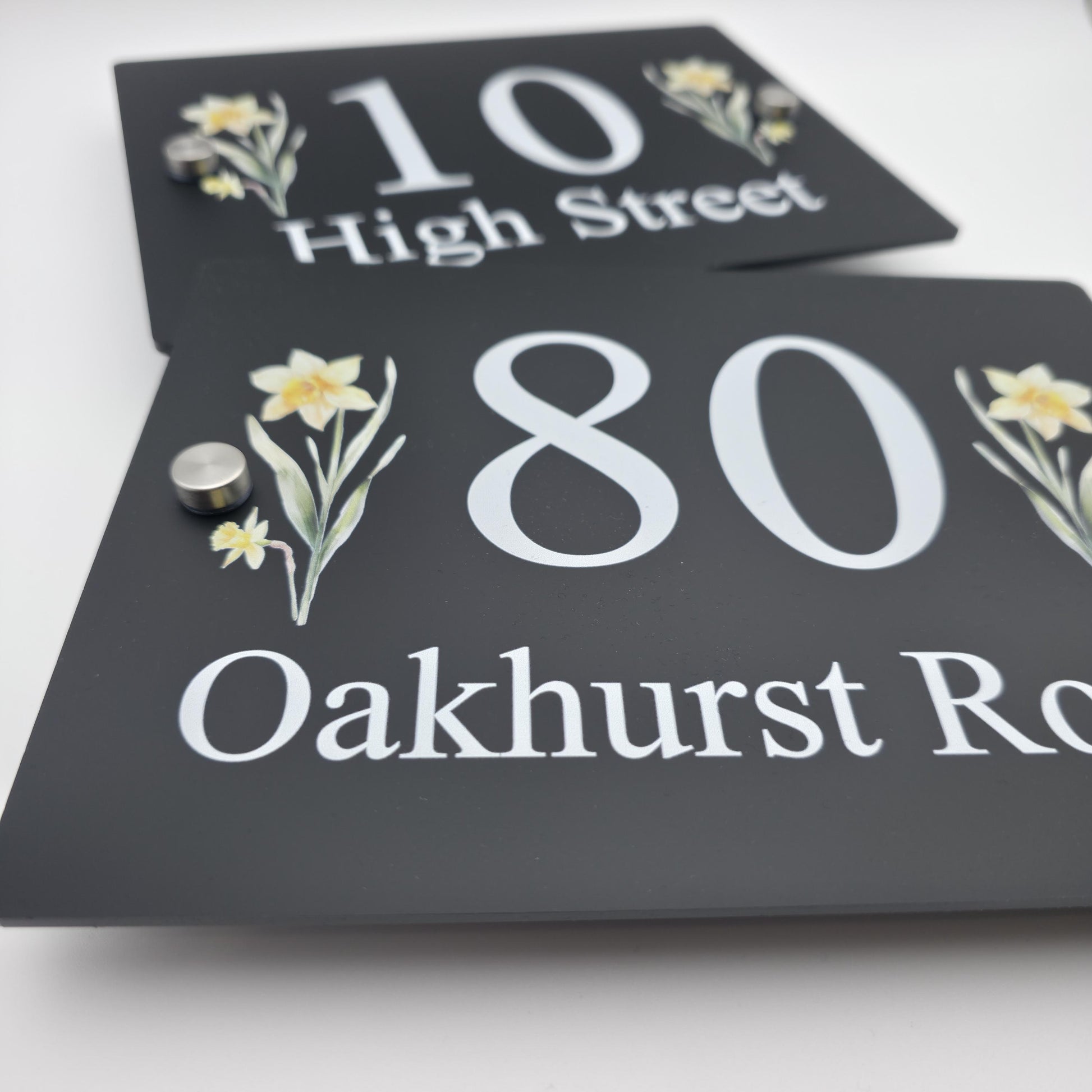 Floral House Number Sign Plaque Plate | Black Acrylic Floating Standoff Decorative Flower House Sign