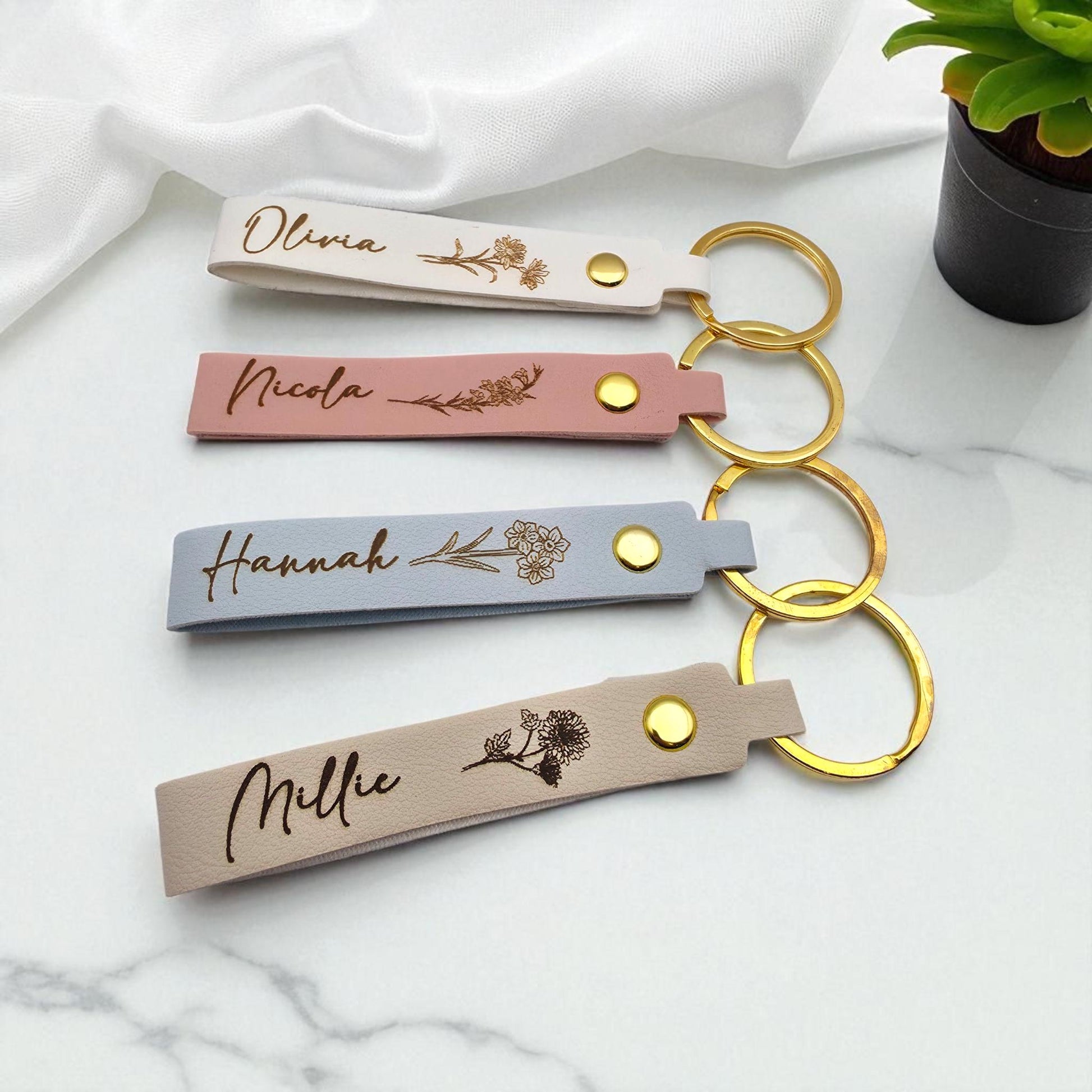 Personalised Leather Keyring Birth Flower Month Custom Keychain For Her | Birthday Gift Mother's Day Bag Tag Strap