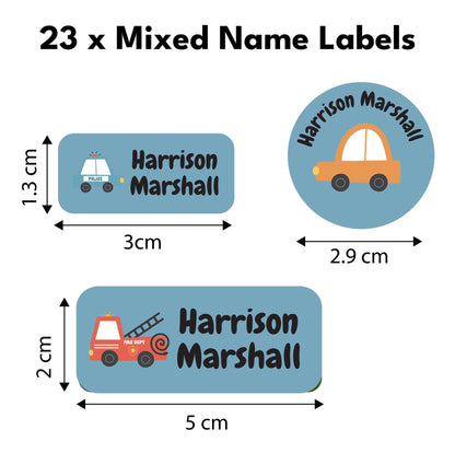23 x Blue Trucks, Cars & Emergency Vehicles Name Label Tags Washable