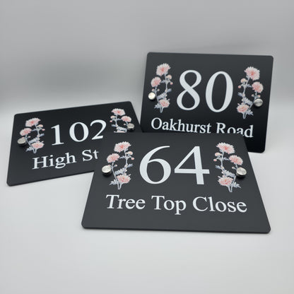 Elegant floral house number sign made from acrylic with a personalised number and street name
