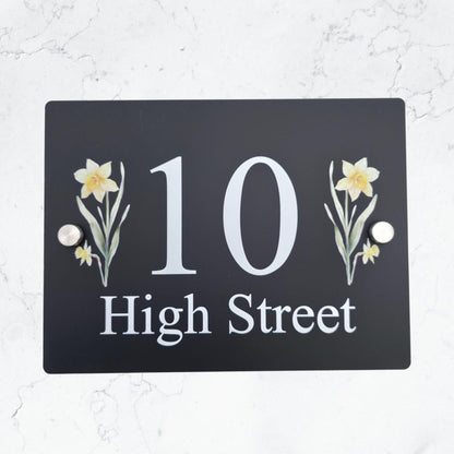 Floral House Number Sign Plaque Plate | Black Acrylic Floating Standoff Decorative Flower House Sign