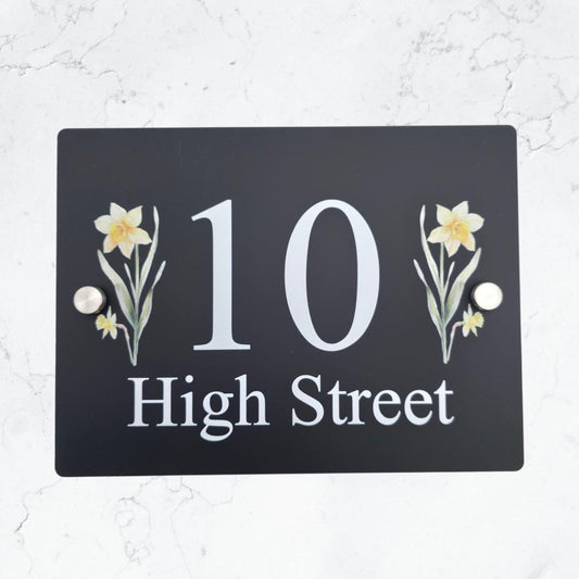 Floral House Number Sign Plaque Plate | Black Acrylic Floating Standoff Decorative Flower House Sign