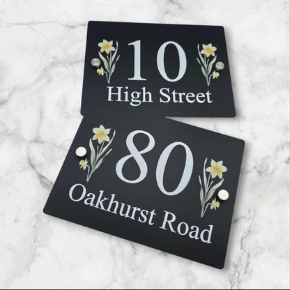 Floral House Number Sign Plaque Plate | Black Acrylic Floating Standoff Decorative Flower House Sign