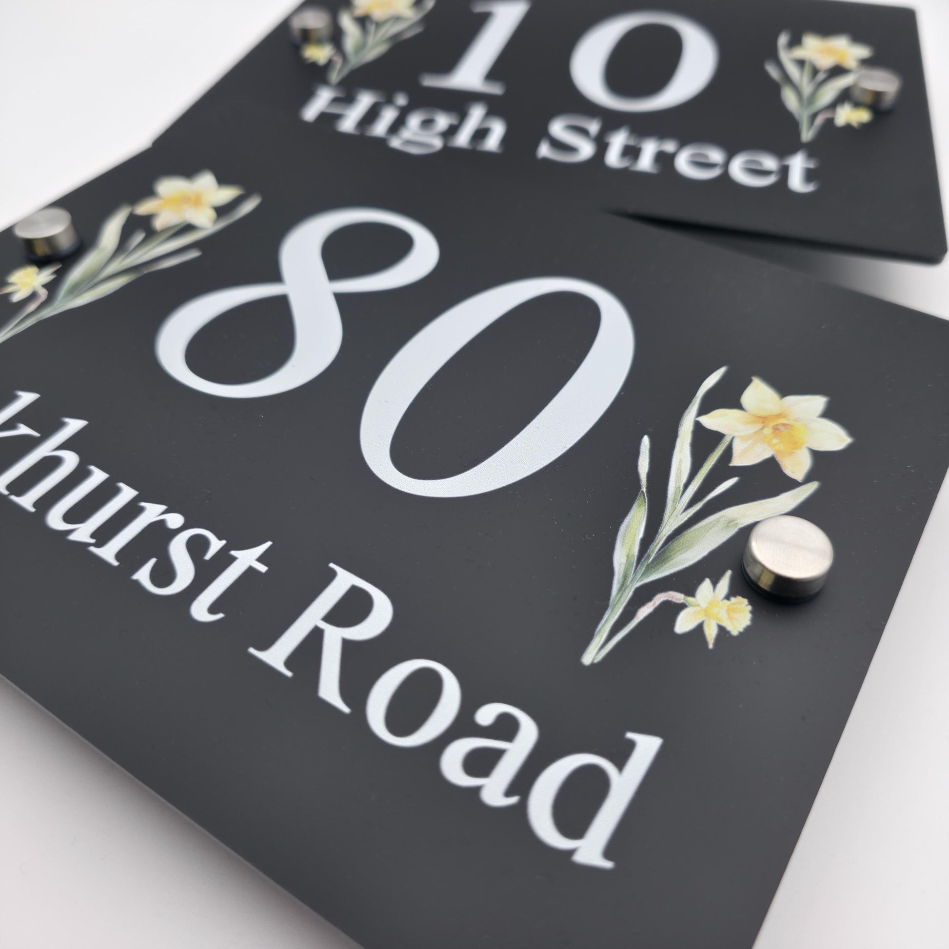 Floral House Number Sign Plaque Plate | Black Acrylic Floating Standoff Decorative Flower House Sign