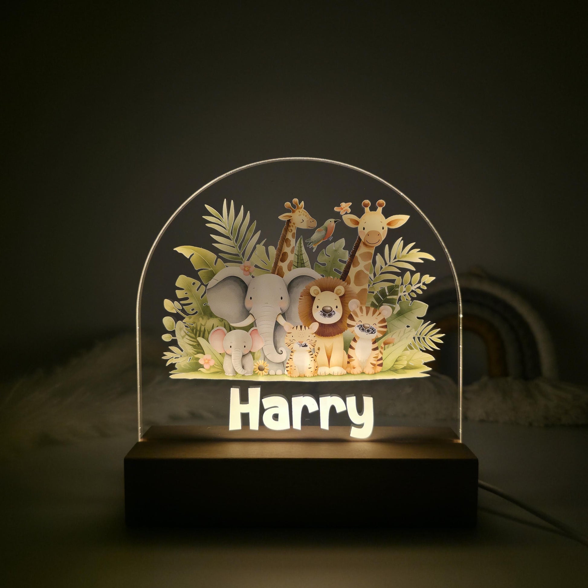 kids night light custom name with animals led acrylic wooden base modern