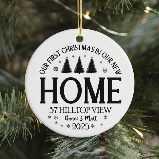 Our First Christmas New Home Personalised Bauble, Xmas Housewarming Ornament, Custom Couple's Keepsake, Ceramic Christmas Tree Decoration