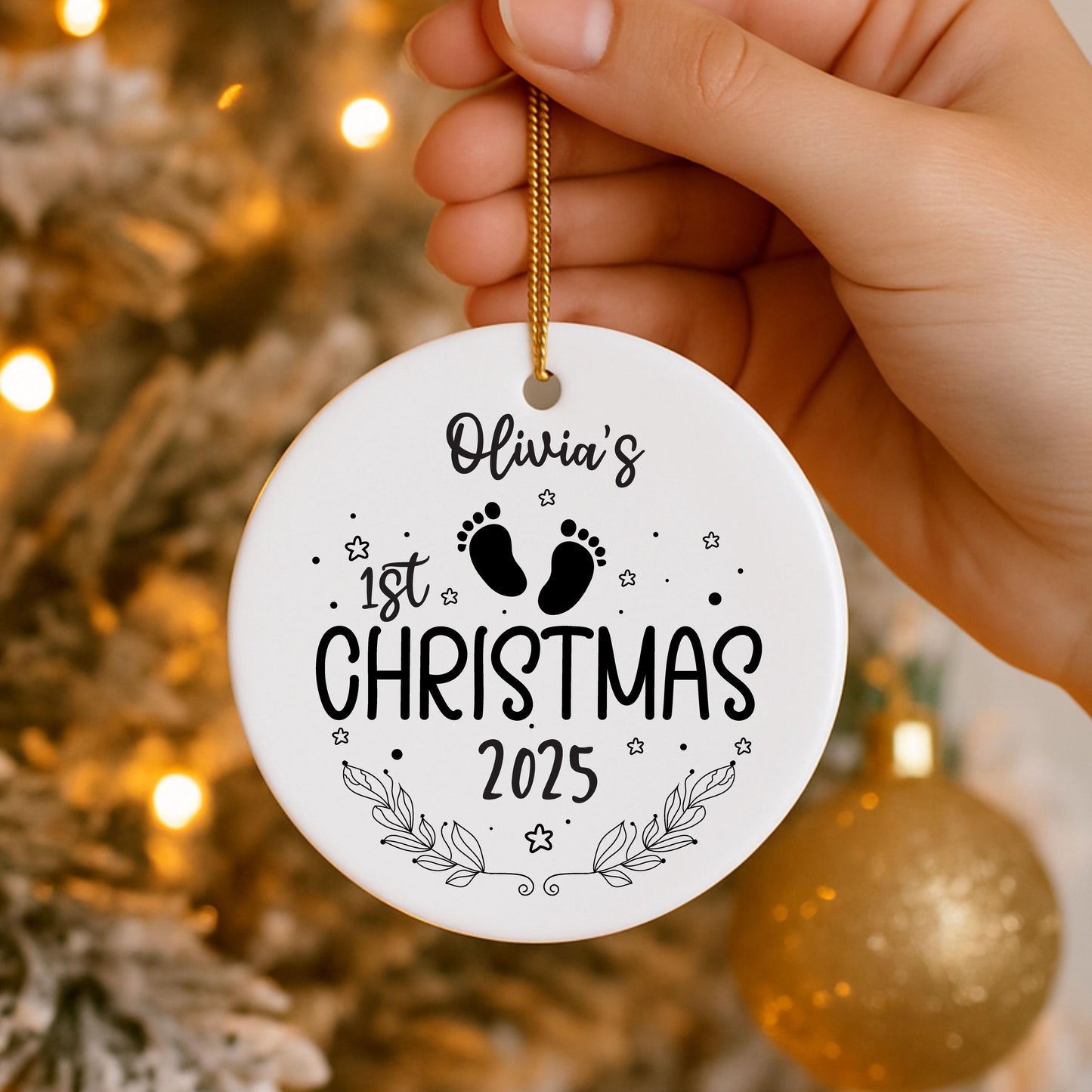 Ceramic Baby's 1st Christmas Bauble, Personalised Name Ornament, Custom Newborn Keepsake Christmas Tree Decoration First Xmas