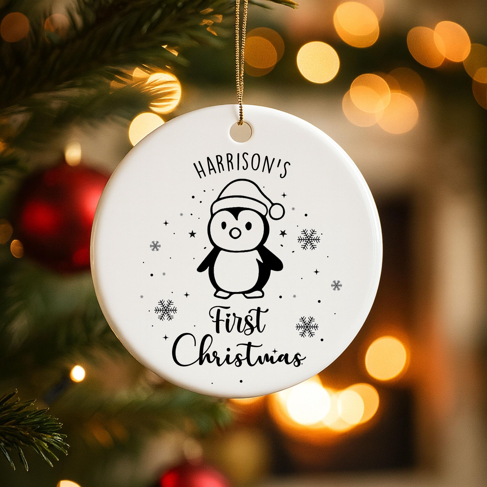 Personalised Baby Name 1st Christmas Ceramic Bauble For Christmas Tree Decoration - Customised Penguin & Snowflakes Bauble