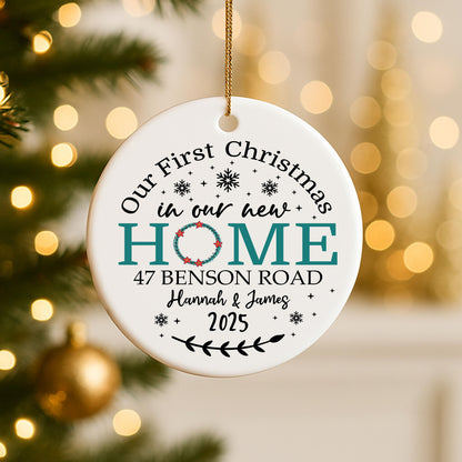 Our First Christmas New Home Ceramic Personalised Bauble Gift For New Homeowners - Names, Dates & Road Street Name Christmas Tree Decor