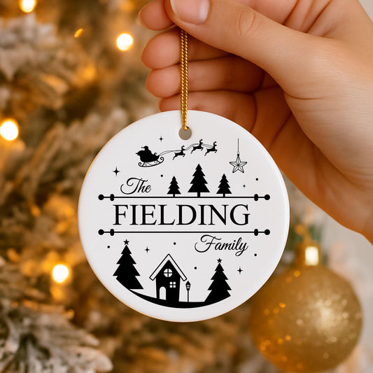 Custom Family Monogram Surname Christmas Tree Bauble - Ceramic Personalised Family Name Bauble