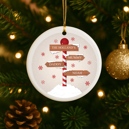 Family Of 3 Personalised Ceramic Christmas Bauble - Customised Christmas Tree Decoration Snowy Signpost Surname Second Name