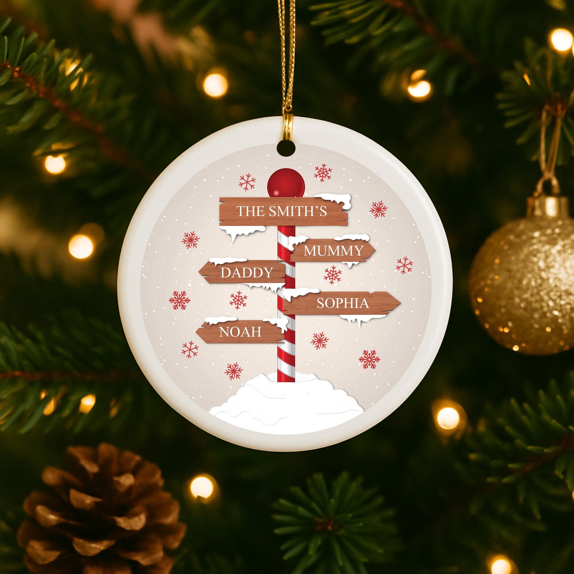 Family Of 4 Personalised Ceramic Christmas Bauble - Customised Christmas Tree Decoration Snowy Signpost Surname Second Name