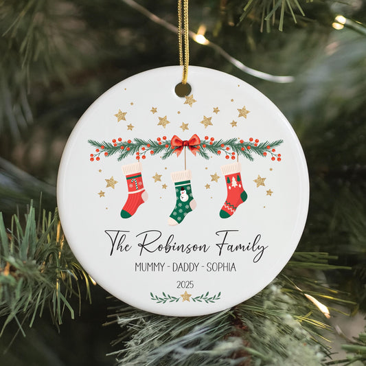 Family Of 3 Personalised Ceramic Christmas Bauble - Family Names With Cute Stockings, Stars & Wreaths - Customised Family Baubles Kids