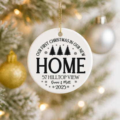 Our First Christmas New Home Personalised Bauble, Xmas Housewarming Ornament, Custom Couple's Keepsake, Ceramic Christmas Tree Decoration