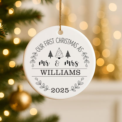 Our First Christmas Mr & Mrs Bauble Personalised Newlywed Christmas Tree Decoration, Custom Couple, Married Christmas Gift