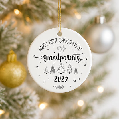 Happy First Christmas As Grandparents Ceramic Hanging Bauble For Christmas Tree Decorations