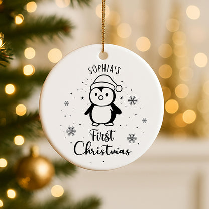Personalised Baby Name 1st Christmas Ceramic Bauble For Christmas Tree Decoration - Customised Penguin & Snowflakes Bauble