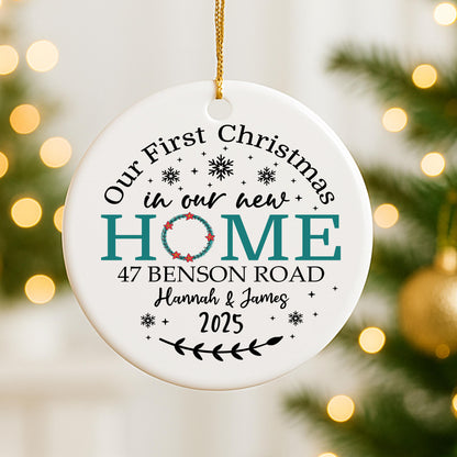 Our First Christmas New Home Ceramic Personalised Bauble Gift For New Homeowners - Names, Dates & Road Street Name Christmas Tree Decor