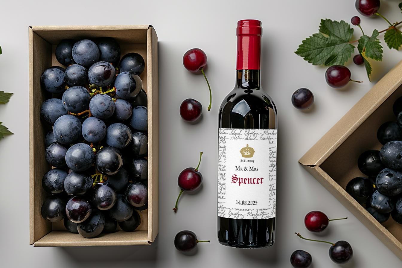 classic old English personalised wine bottle label for wedding custom