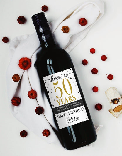 50th Birthday Gift Personalised Wine Bottle Label Sticker - Cheers To 50 Custom Present