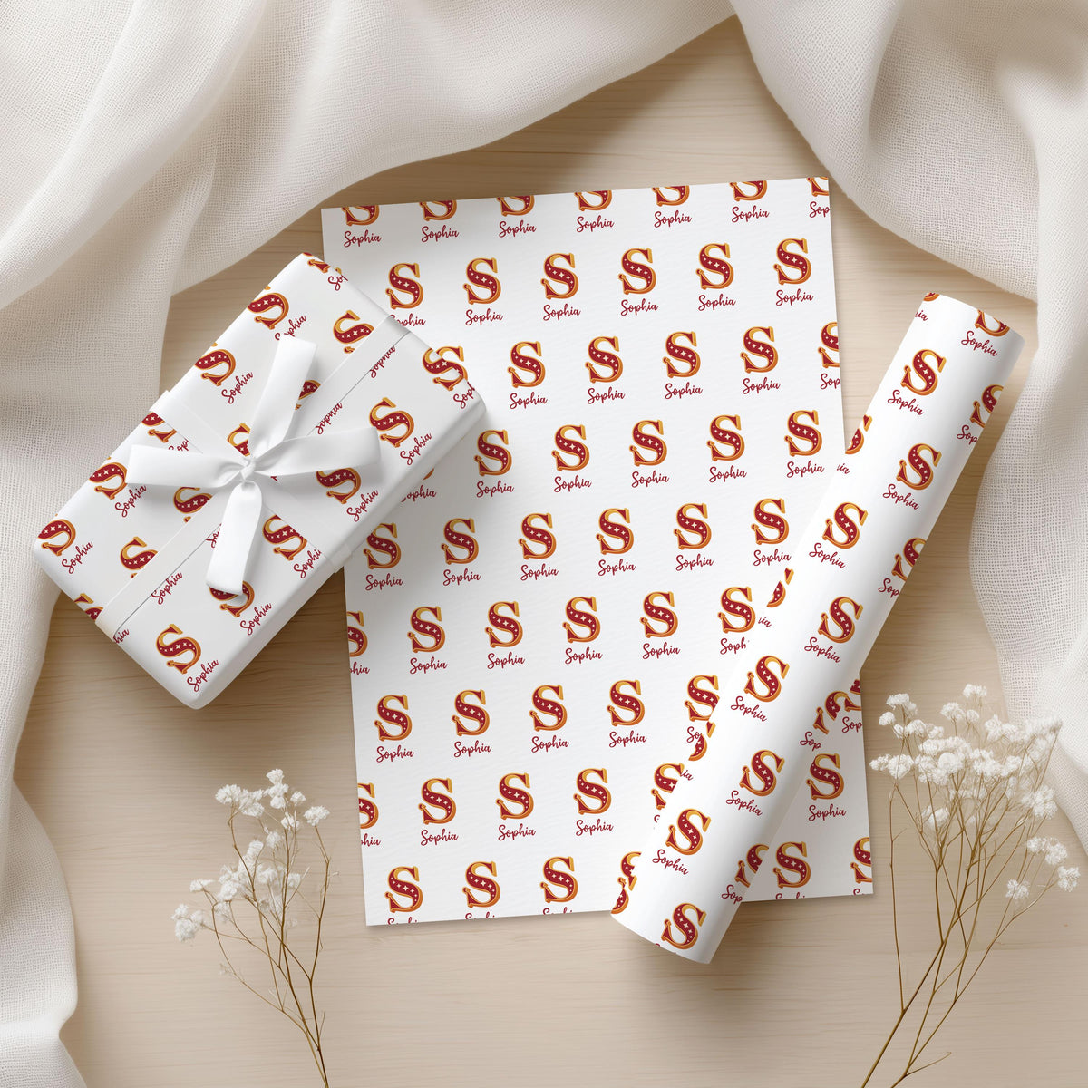 Personalised Christmas Wrapping Paper with Name & Monogram, Custom Xmas Gift Wrap Roll or Folded Sheets, Initial Holiday Present Paper