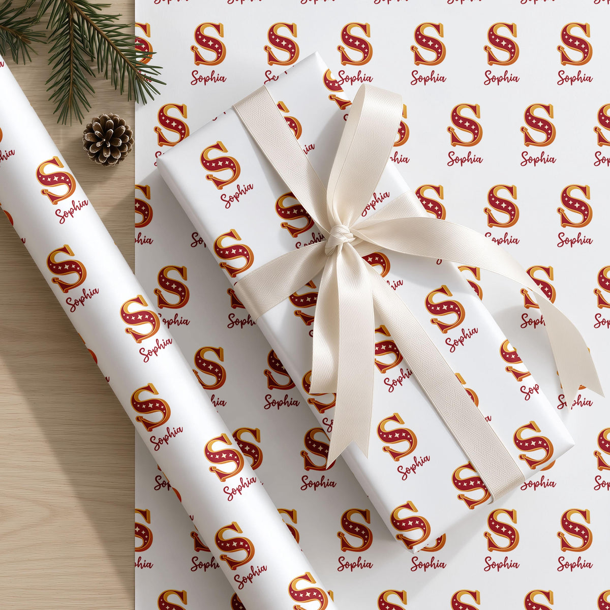 Personalised Christmas Wrapping Paper with Name & Monogram, Custom Xmas Gift Wrap Roll or Folded Sheets, Initial Holiday Present Paper