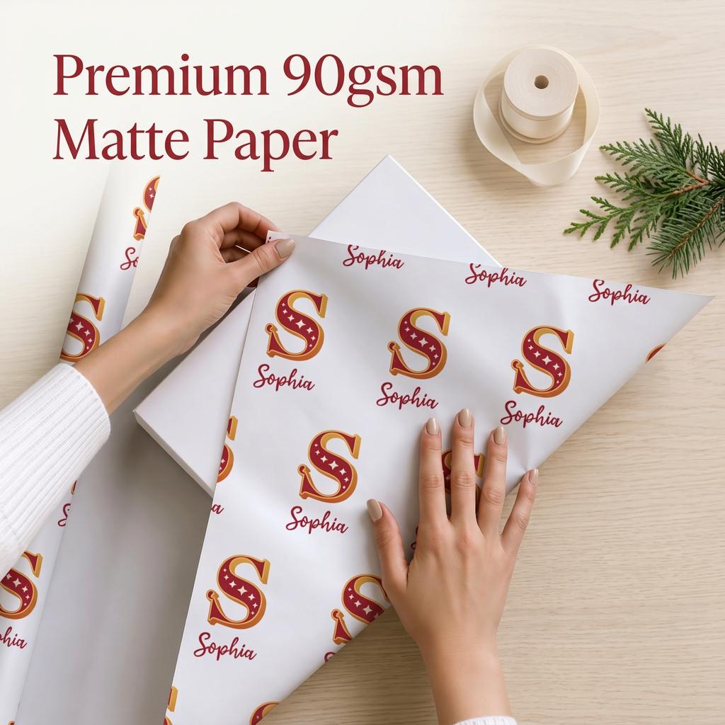 Personalised Christmas Wrapping Paper with Name & Monogram, Custom Xmas Gift Wrap Roll or Folded Sheets, Initial Holiday Present Paper