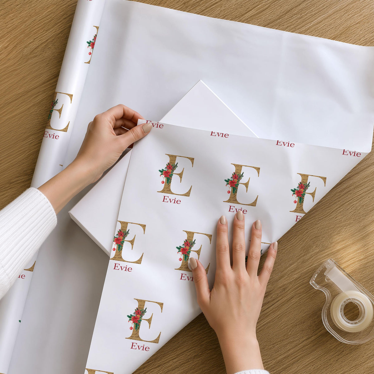 Personalised Christmas Wrapping Paper, Custom Name and Initial 90gsm Matte Gift Wrap