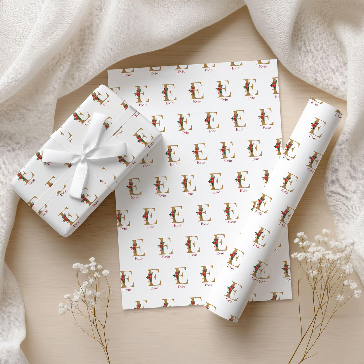 Personalised Christmas Wrapping Paper, Custom Name and Initial 90gsm Matte Gift Wrap