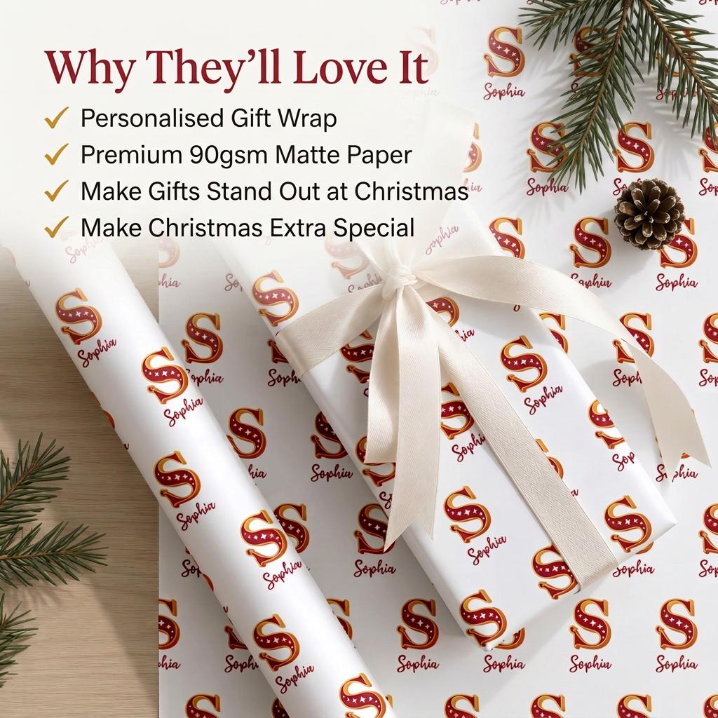 Personalised Christmas Wrapping Paper | Custom Name & Initial Gift Wrap For Kids Family Friends
