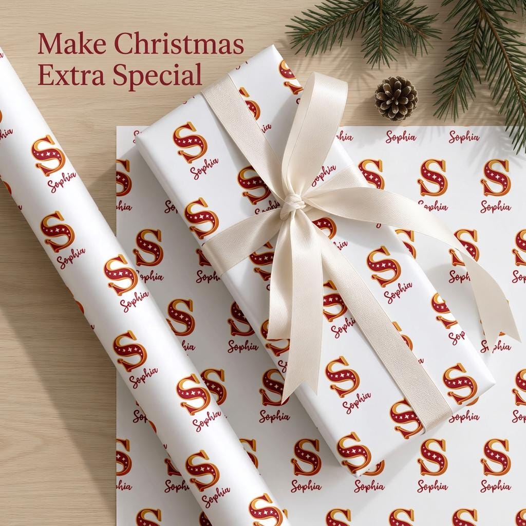 Personalised Christmas Wrapping Paper, Custom Name and Initial 90gsm Matte Gift Wrap