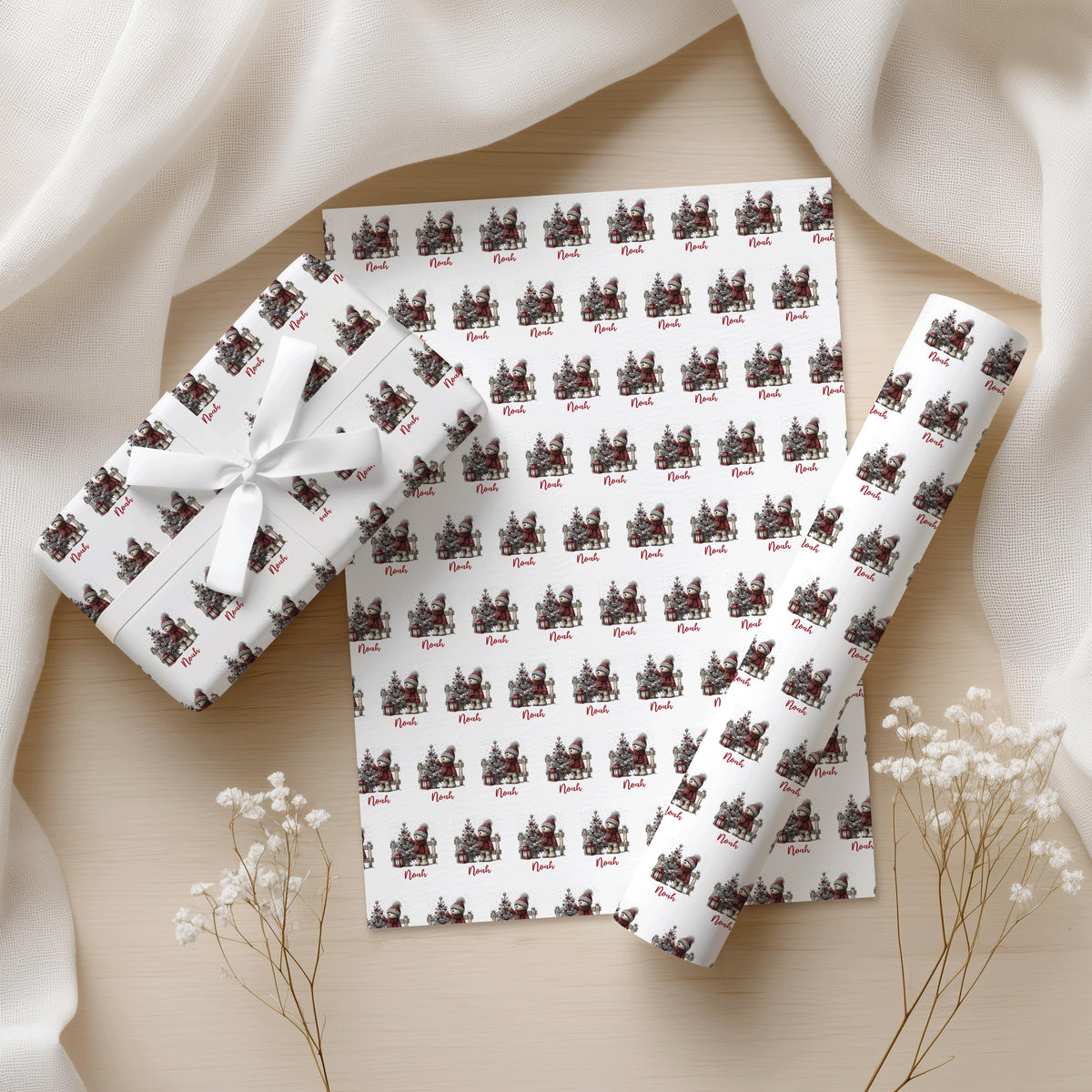 kids teddy bear personalised christmas wrapping paper custom gift wrap for children