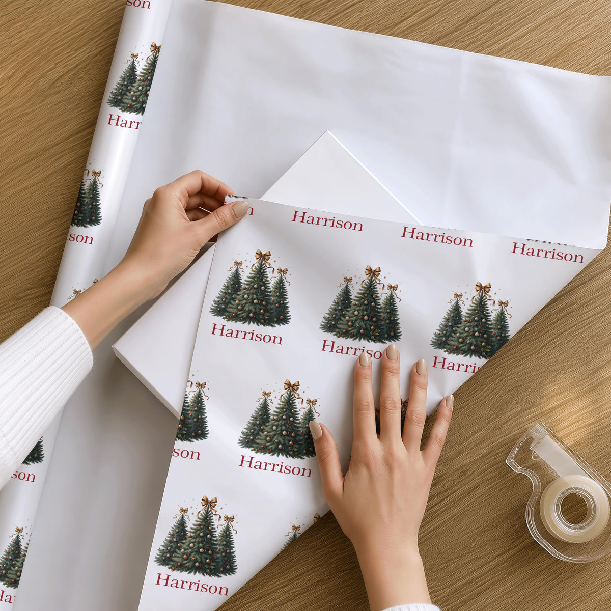 Personalised Teddy Bear Christmas Tree Candy Cane Scene Wrapping Paper For Kids Children Custom Xmas Gift Wrap