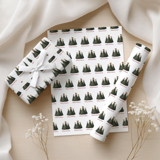 Custom christmas tree wrapping paper personalised name kids gift wrap
