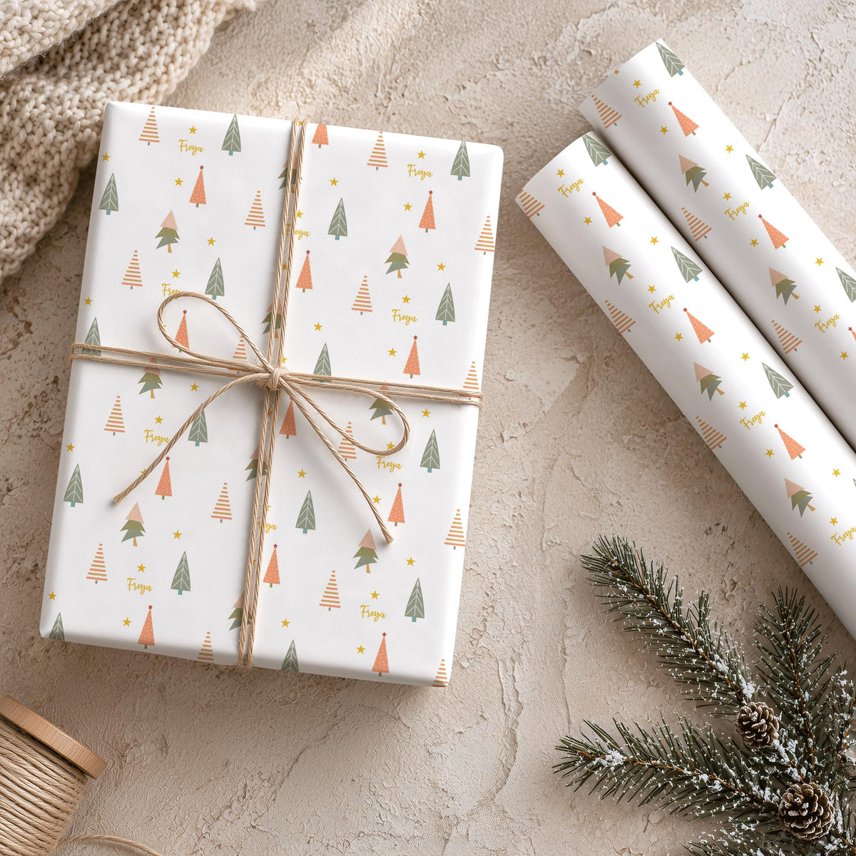 personalised christmas wrapping paper gift wrap for kids family friends stars christmas tree boho