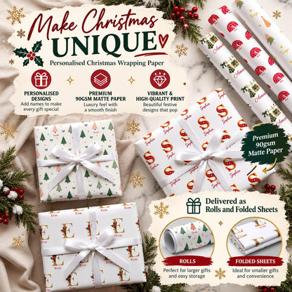 Personalised Christmas Wrapping Paper | Custom Name Christmas Tree Gift Wrap Sheet Roll For Kids Children Family