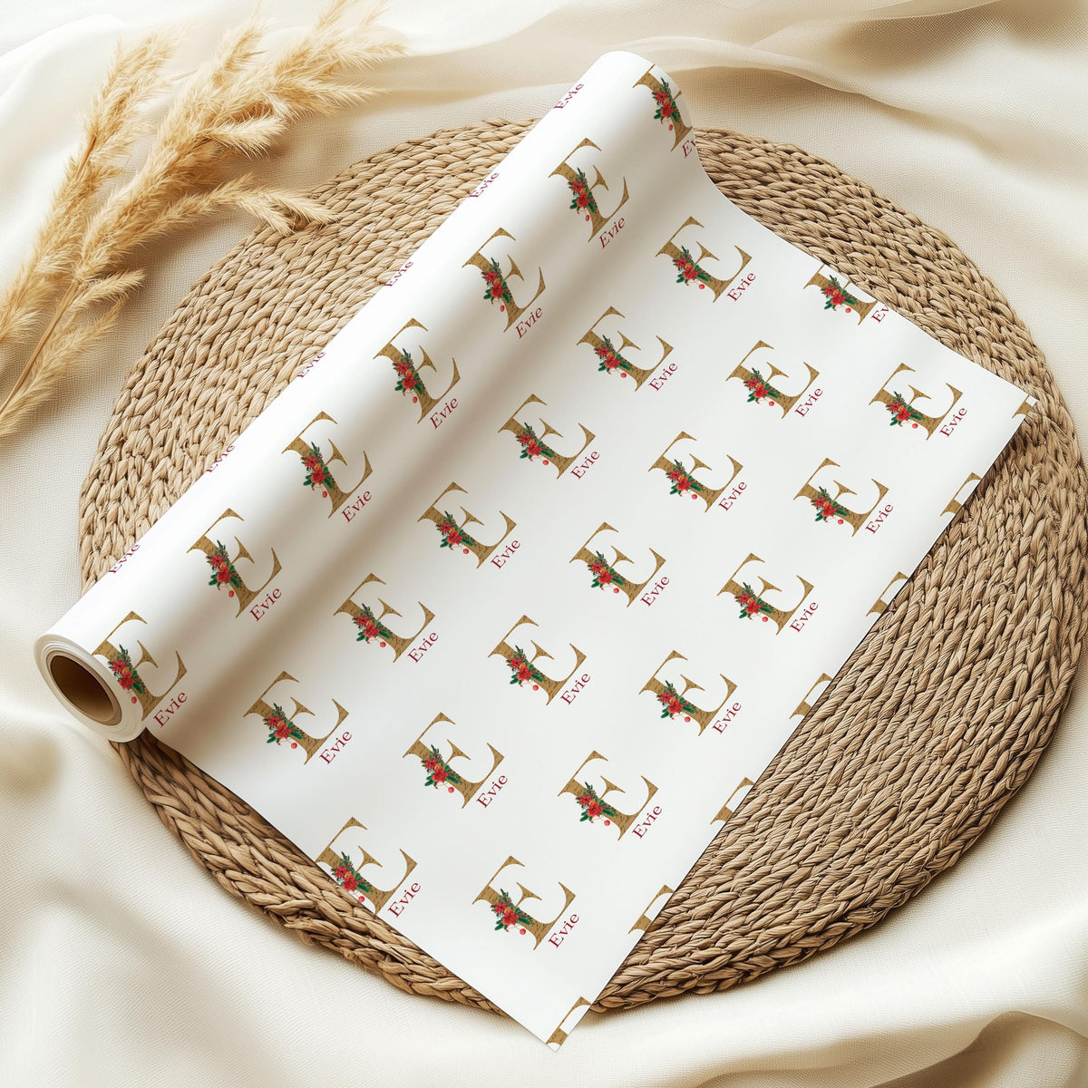 Personalised Christmas Wrapping Paper, Custom Name and Initial 90gsm Matte Gift Wrap