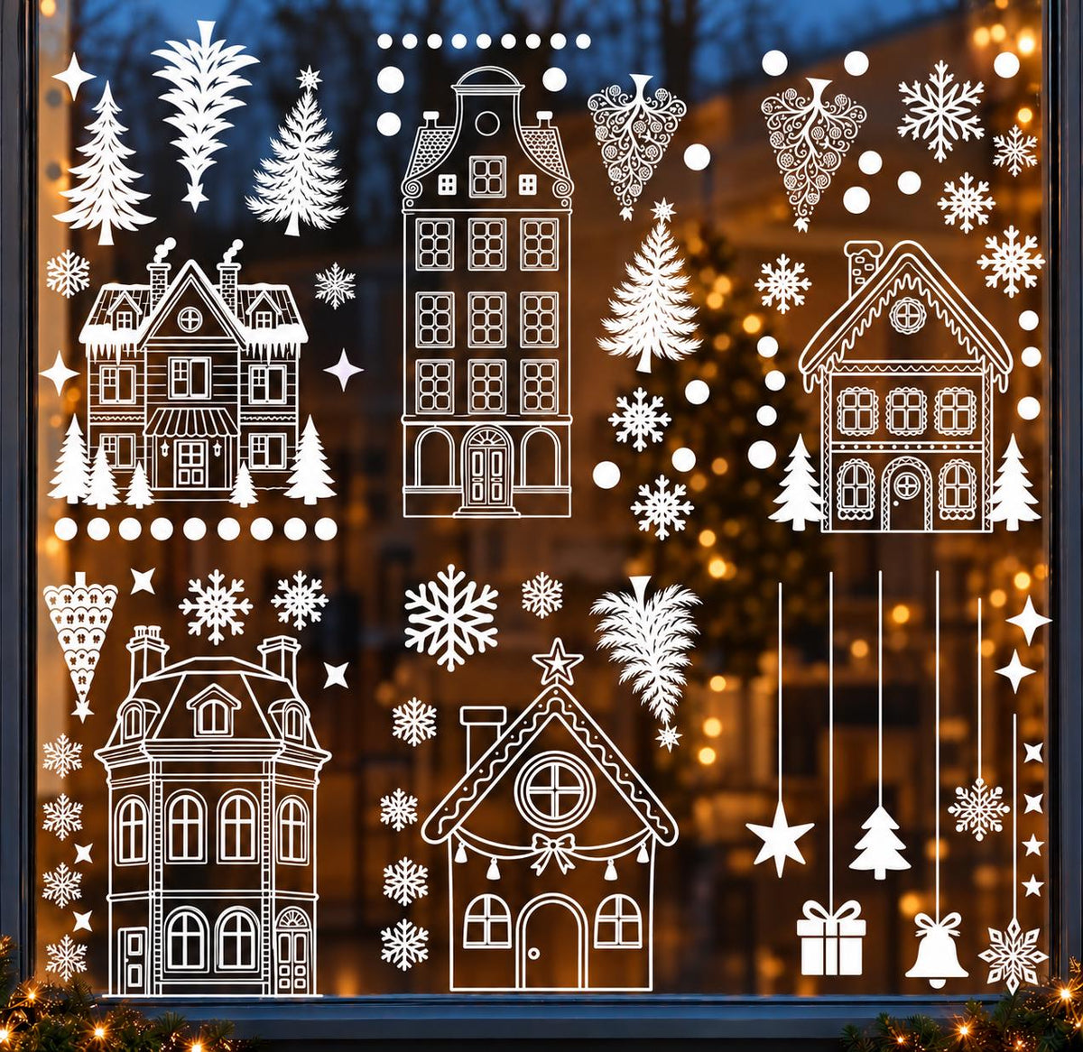 Christmas Window Stickers Removable Village Scene Houses Christmas Tree's Stars & Snowflakes Decals Decorations