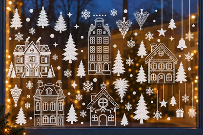 Christmas Window Stickers Removable Village Scene Houses Christmas Tree's Stars & Snowflakes Decals Decorations