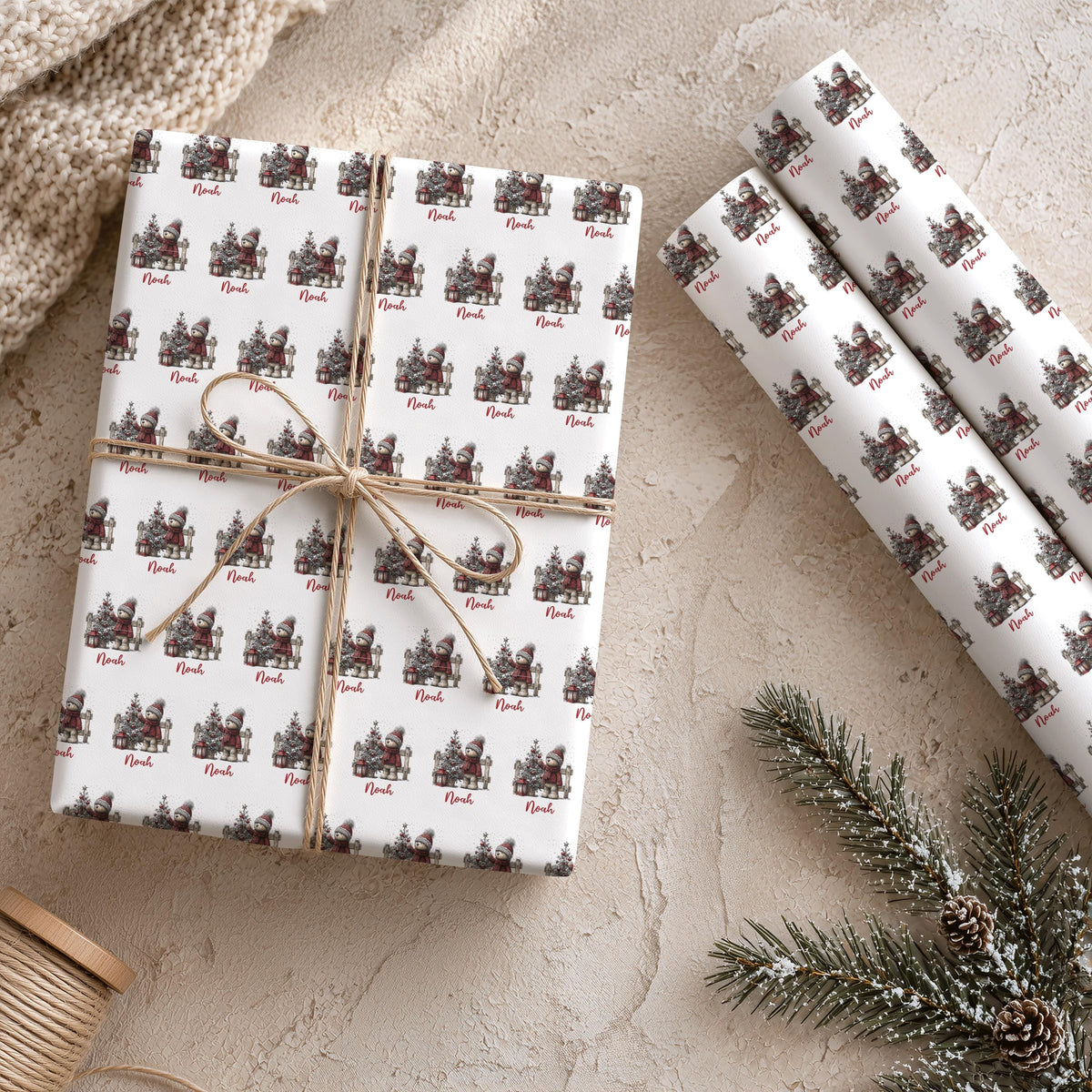 Personalised Teddy Bear Christmas Scene Wrapping Paper For Kids Children Custom Xmas Gift Wrap