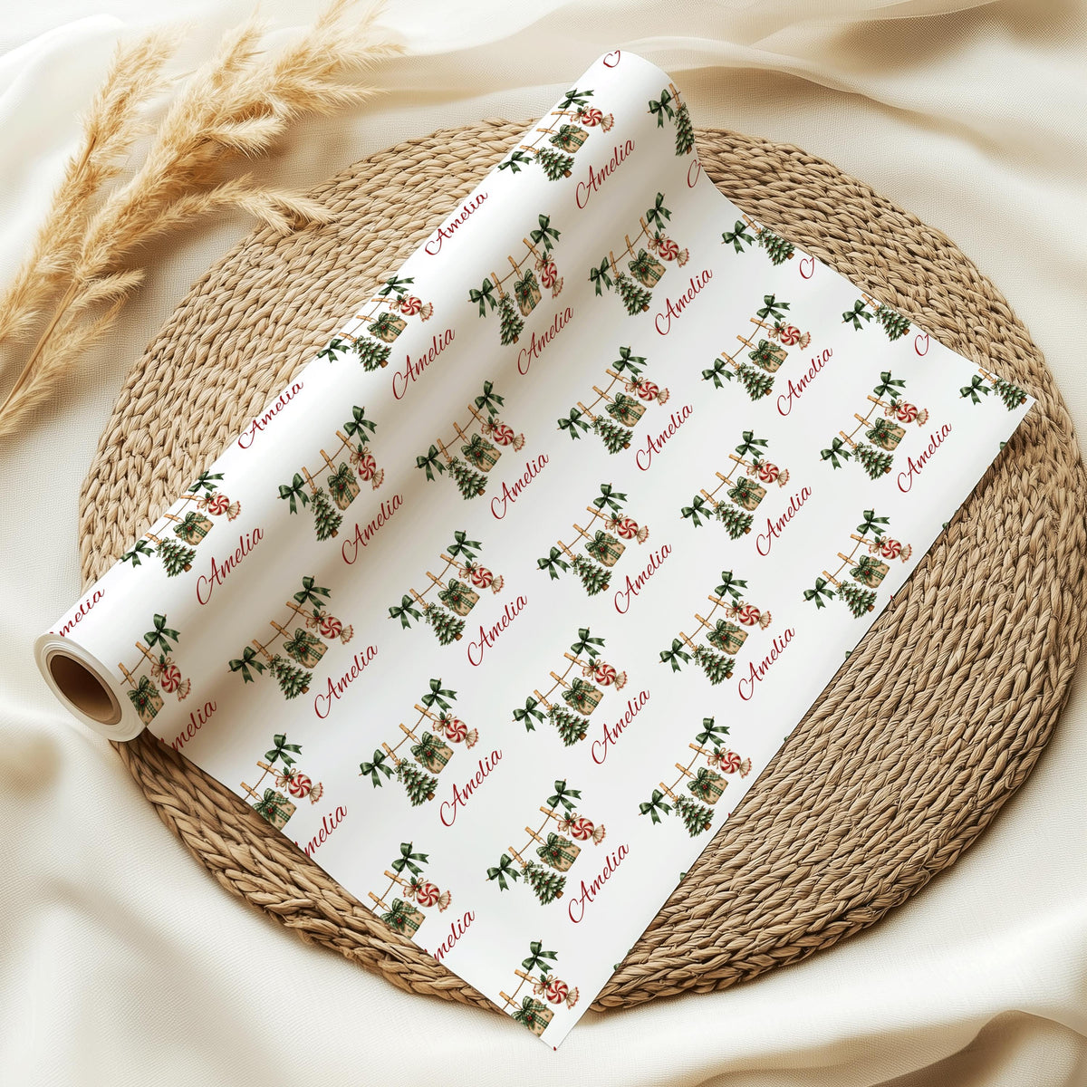 Personalised Name Christmas Wrapping Paper For Kids - Christmas Tree Present Decorative Custom Gift Wrap