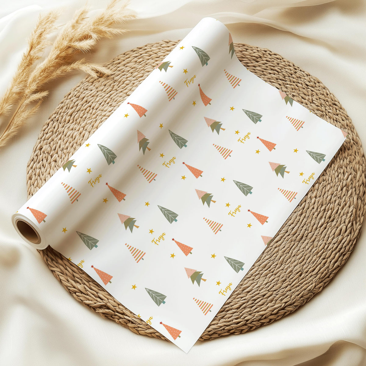 Boho Cute Christmas Trees Custom Wrapping Paper For Kids Family Friends With Christmas Trees & Stars Personalised