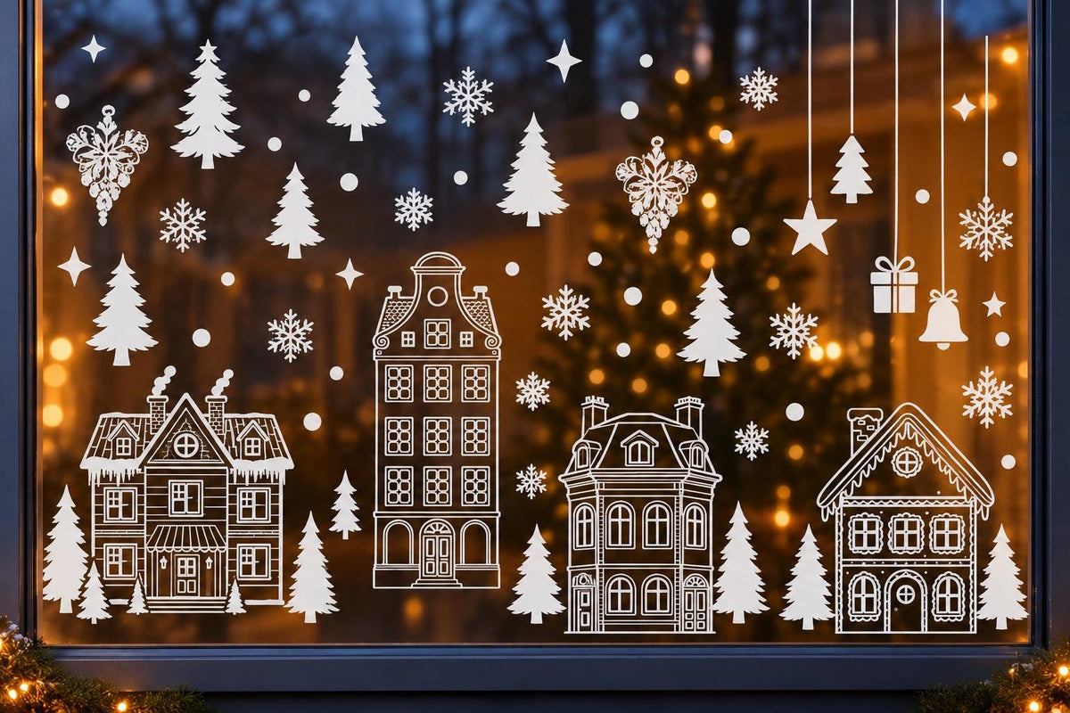 Christmas Window Stickers Removable Village Scene Houses Christmas Tree's Stars & Snowflakes Decals Decorations