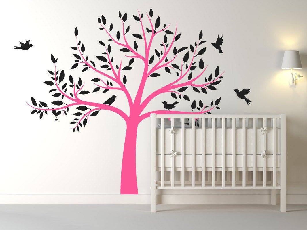 Large Nursery Tree Wall Decal With Flying Birds/Tree Wall Art Decal/Stickers For Children - Home Decor - Includes Over 100 Leaves