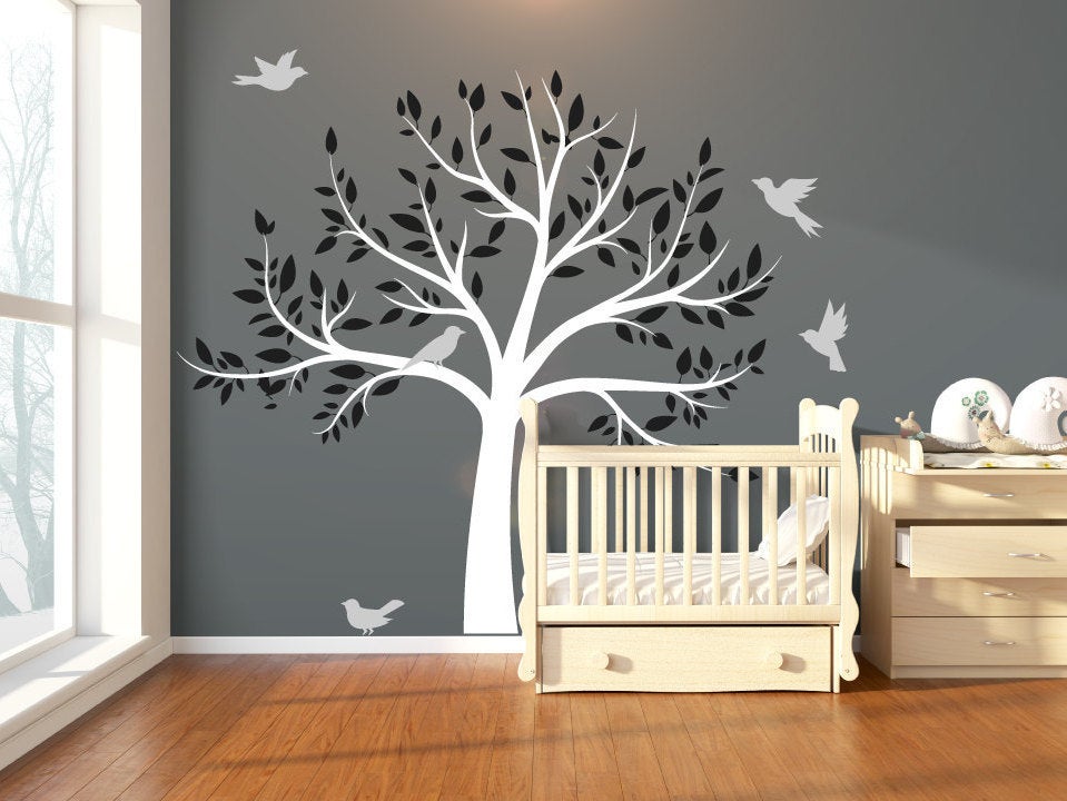 Large Nursery Tree Wall Decal With Flying Birds/Tree Wall Art Decal/Stickers For Children - Home Decor - Includes Over 100 Leaves