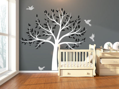 Large Nursery Tree Wall Decal With Flying Birds/Tree Wall Art Decal/Stickers For Children - Home Decor - Includes Over 100 Leaves