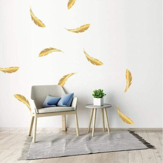 10 Large Gold Metallic Feather Wall Stickers, Patterns, Nursery Wall Decals, Home Vinyl Wall Art Decor, Wallpaper Christmas Gift