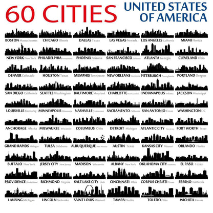 60 USA Cities Skyline Wall Decal/Wall Sticker American Cities -  City Silhouettes, Wall Art Decals, Home Decor, Office Christmas Gift