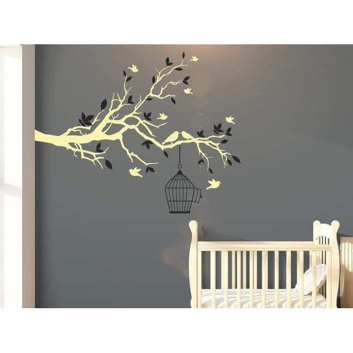 Large Nursery Tree Wall Decal With Flying Birds & Bird Cage - Tree Wall Art Decal/Stickers For Children Christmas Gift