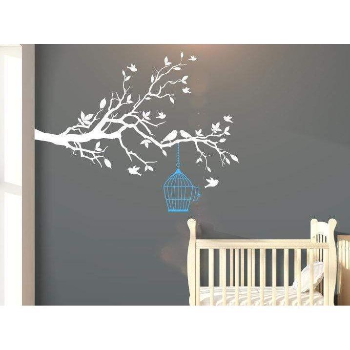 Large Nursery Tree Wall Decal With Flying Birds & Bird Cage - Tree Wall Art Decal/Stickers For Children Christmas Gift